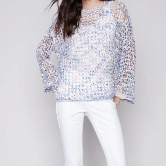 CHARLIE B Sweaters - Charlie B Blue and White Tie-Dye Fishnet Knit Sweater